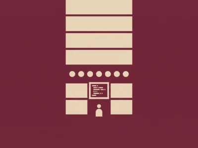Abstract infographic with a central stack of beige blocks, rows of circles below, and a small monitor and a user icon at the bottom on a burgundy background.