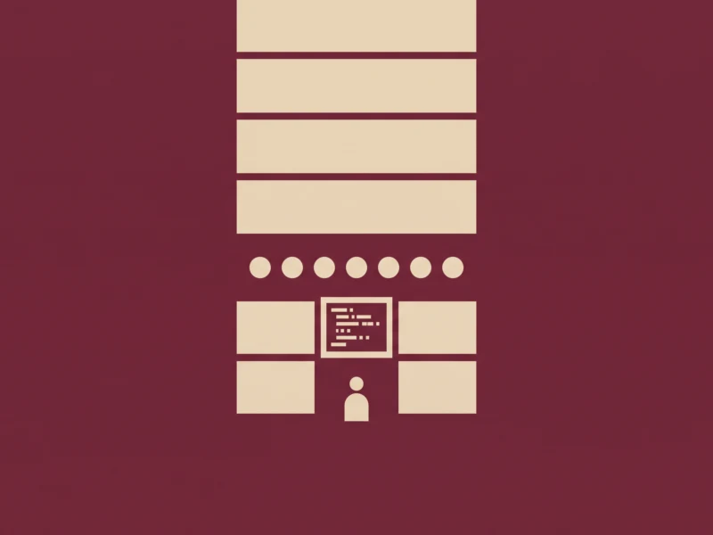 Abstract infographic with a central stack of beige blocks, rows of circles below, and a small monitor and a user icon at the bottom on a burgundy background.