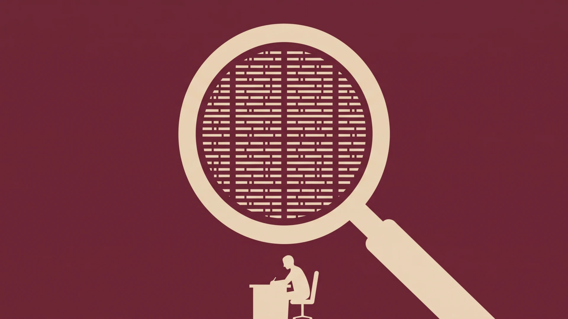 Concept illustration of a magnifying glass inspecting a circular grid, suggesting research or analysis, with a person at a desk below.
