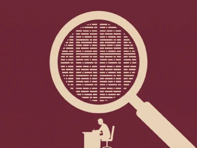 Concept illustration of a magnifying glass inspecting a circular grid, suggesting research or analysis, with a person at a desk below.