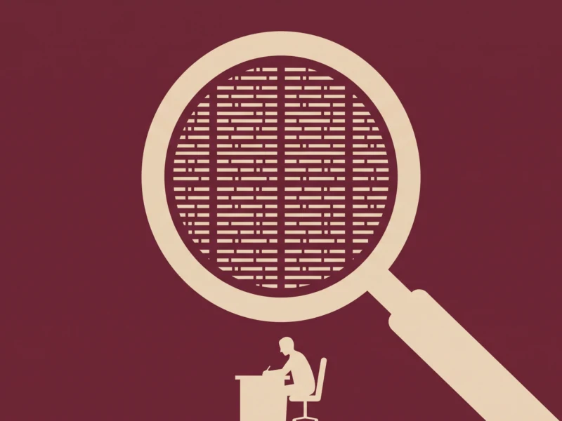 Concept illustration of a magnifying glass inspecting a circular grid, suggesting research or analysis, with a person at a desk below.