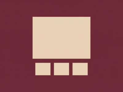 Geometric graphic: a large beige square above three smaller beige squares on a dark burgundy background.