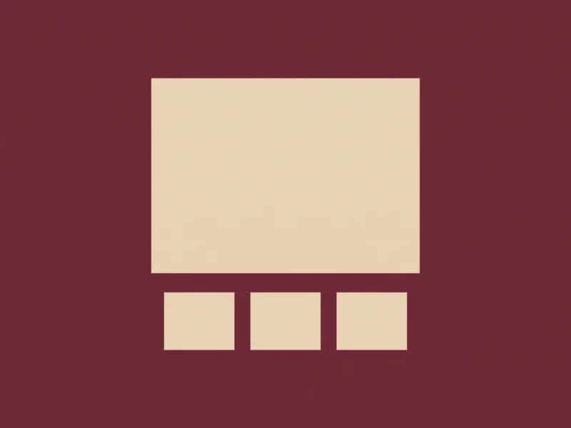 Geometric graphic: a large beige square above three smaller beige squares on a dark burgundy background.