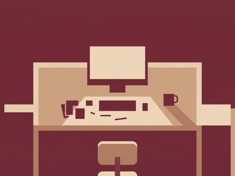 Abstract minimalist top-down view of a desk with a computer monitor, keyboard, and coffee cup in warm beige tones