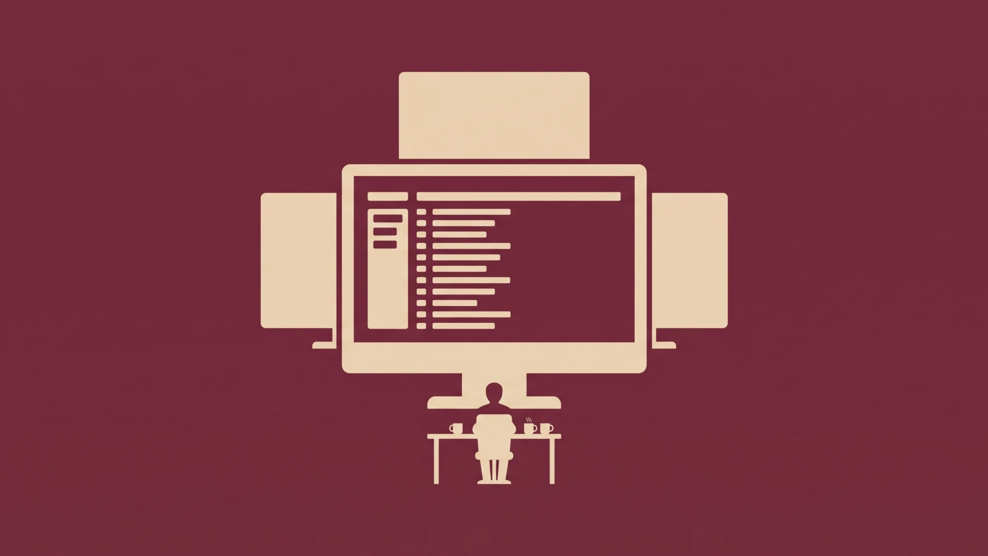 Minimalist illustration of a person seated at a desk with a large central monitor, printers on both sides, and a few cups on the table.