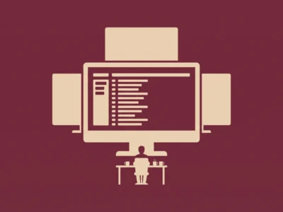 Zamknięcie dnia OpenAI nie znało własnych modeli I to jest problem - Promptowy Minimalist illustration of a person seated at a desk with a large central monitor, printers on both sides, and a few cups on the table.