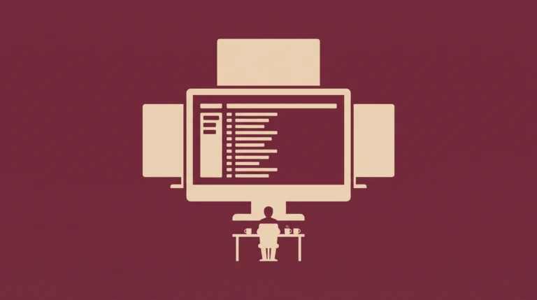 Minimalistyczna ilustracja osoby przy biurku z dużym monitorem, drukarkami i kubkami.