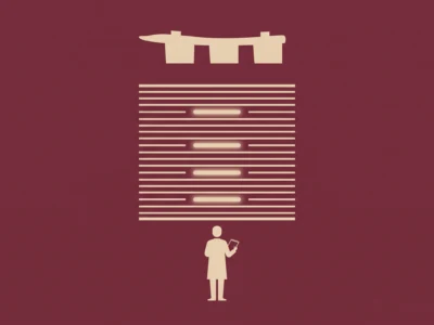 Person standing with a notebook beneath a towering barcode-like chart made of horizontal lines, on a maroon background.