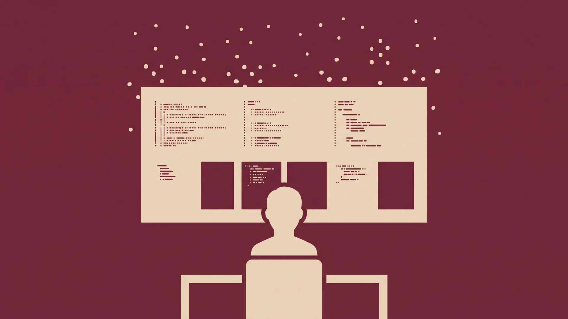 Back view of a person at a desk, facing a large monitor displaying code, on a beige screen with a burgundy background and scattered dots above.