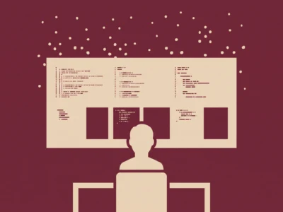 Back view of a person at a desk, facing a large monitor displaying code, on a beige screen with a burgundy background and scattered dots above.