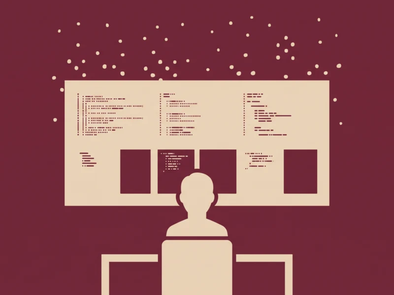 Back view of a person at a desk, facing a large monitor displaying code, on a beige screen with a burgundy background and scattered dots above.