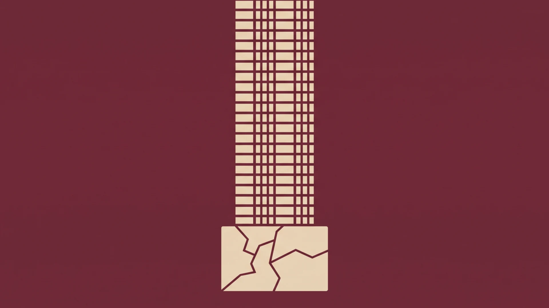 A tall beige grid column extends upward from a cracked beige base on a burgundy background, resembling a stylized tower.