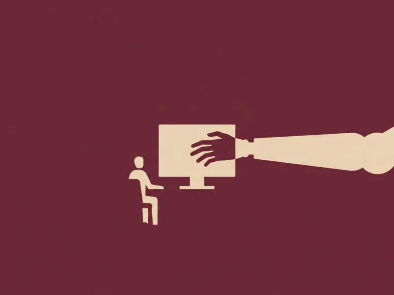 A stylized robot arm reaches toward a person seated at a computer, illustrating human-machine interaction.
