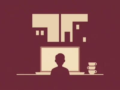 Zamknięcie dnia Absolwenci bez pracy i benchmarki którym nie można ufać - Promptowy Silhouette of a person working at a laptop on a desk, with two coffee cups to the right and abstract building shapes above.