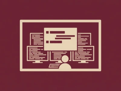 Silhouette of a person at a desk with multiple monitors displaying code on a large screen in a bordered frame.