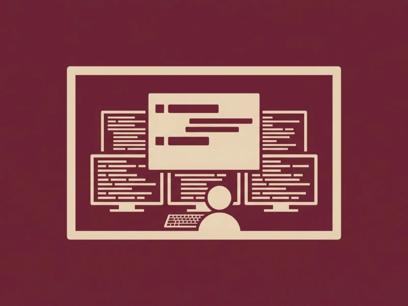 Silhouette of a person at a desk with multiple monitors displaying code on a large screen in a bordered frame.