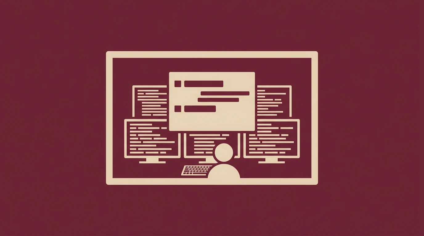Silhouette of a person at a desk with multiple monitors displaying code on a large screen in a bordered frame.