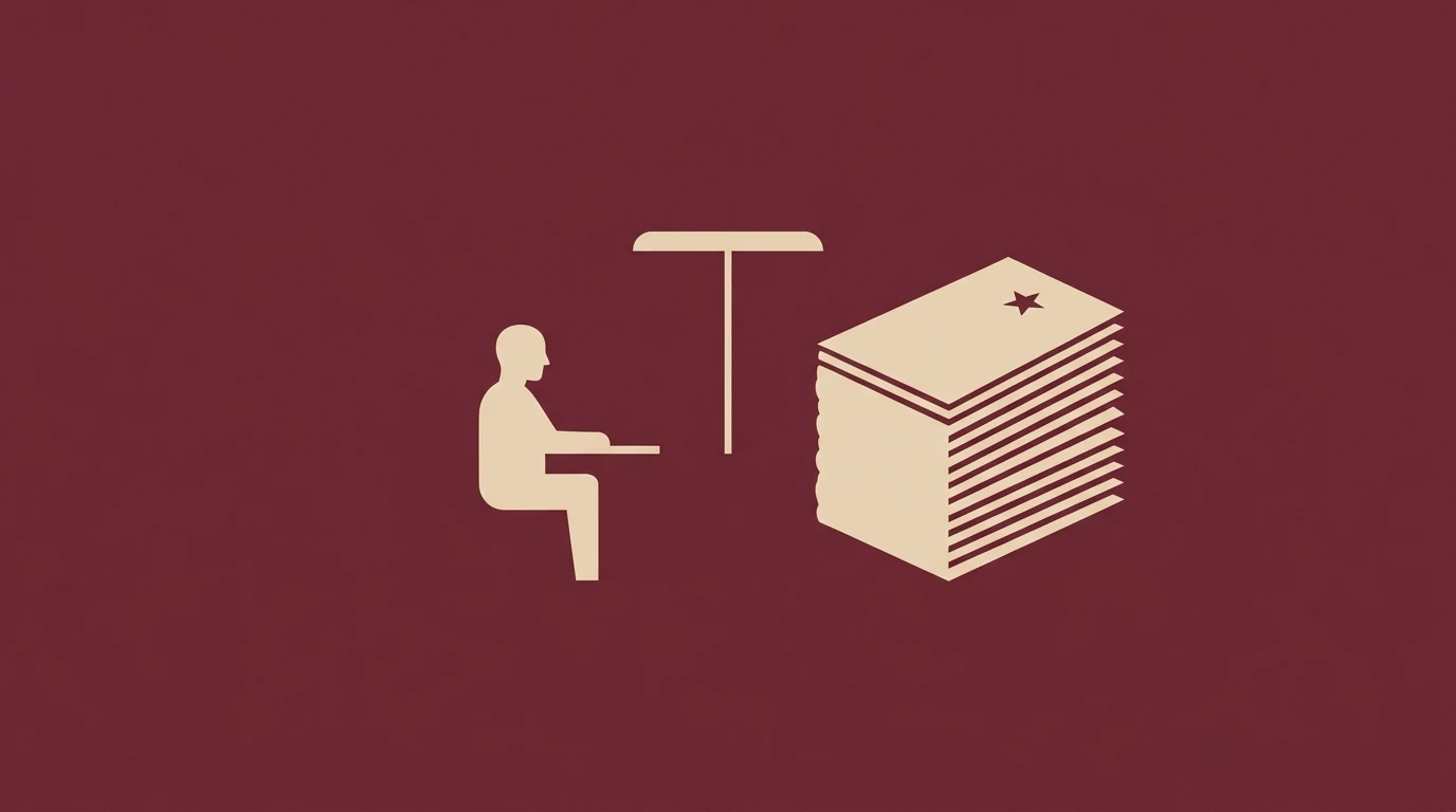 Silhouette of a person sitting at a desk facing a tall stack of papers or files on the right.