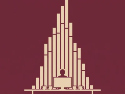 Silhouetted person at a desk with a computer, set against tall beige bars forming a triangle-like chart on a burgundy background.