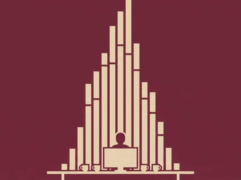 Silhouetted person at a desk with a computer, set against tall beige bars forming a triangle-like chart on a burgundy background.