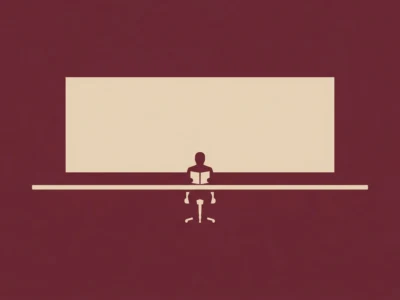 Minimalist silhouette of a person reading a book at a desk with a large pale screen behind them