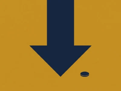 Large navy downward arrow on an orange background, with a small navy circular shape near the bottom right, suggesting a download action.
