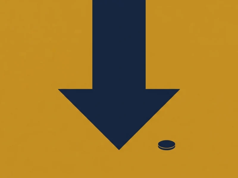 Large navy downward arrow on an orange background, with a small navy circular shape near the bottom right, suggesting a download action.