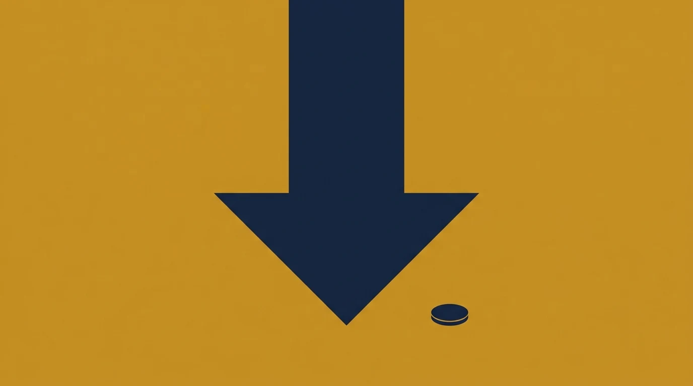 Large navy downward arrow on an orange background, with a small navy circular shape near the bottom right, suggesting a download action.