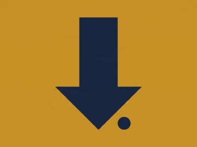 Large navy downward arrow on an orange background, suggesting to scroll down or continue.