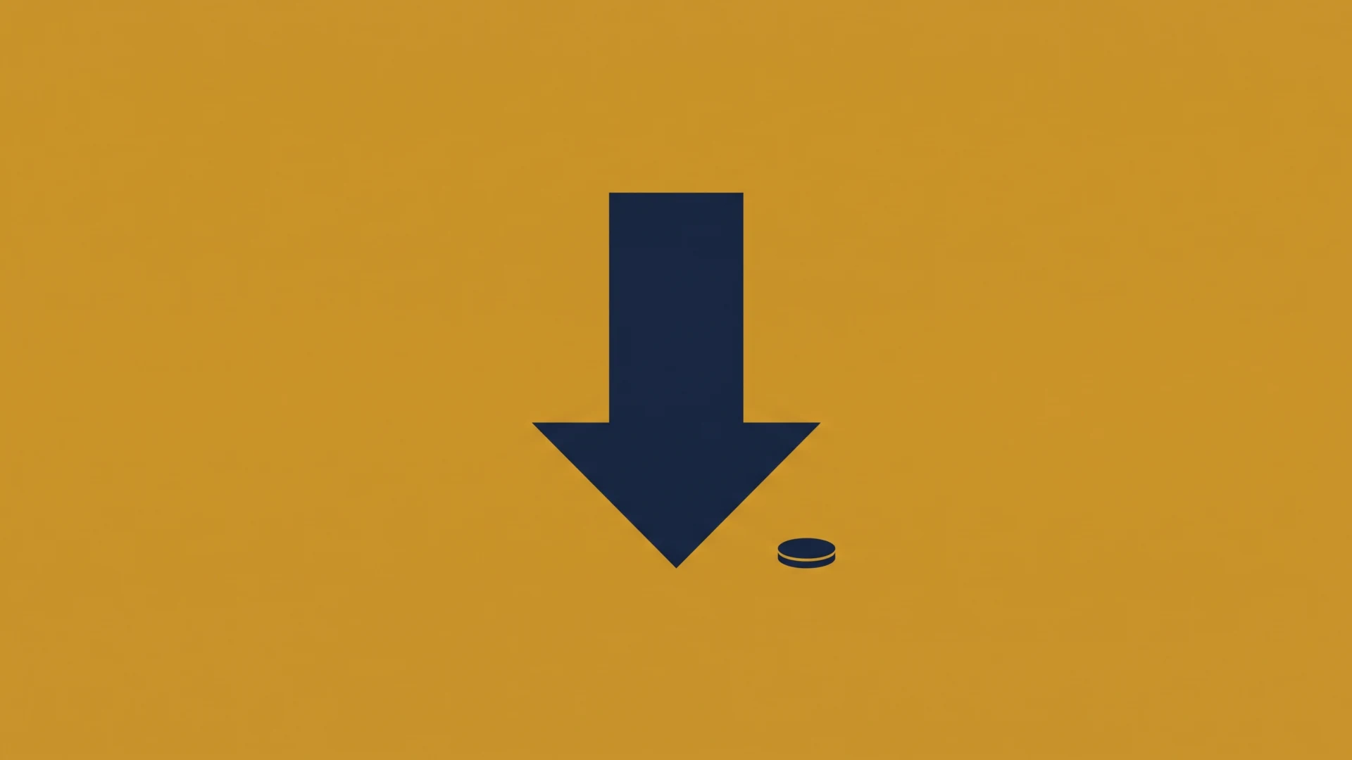 Large navy downward arrow pointing toward a small coin on an orange background, suggesting a download or drop-the-coin concept in a minimal graphic.