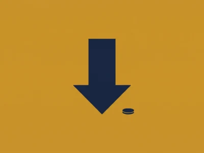 Large navy downward arrow pointing toward a small coin on an orange background, suggesting a download or drop-the-coin concept in a minimal graphic.