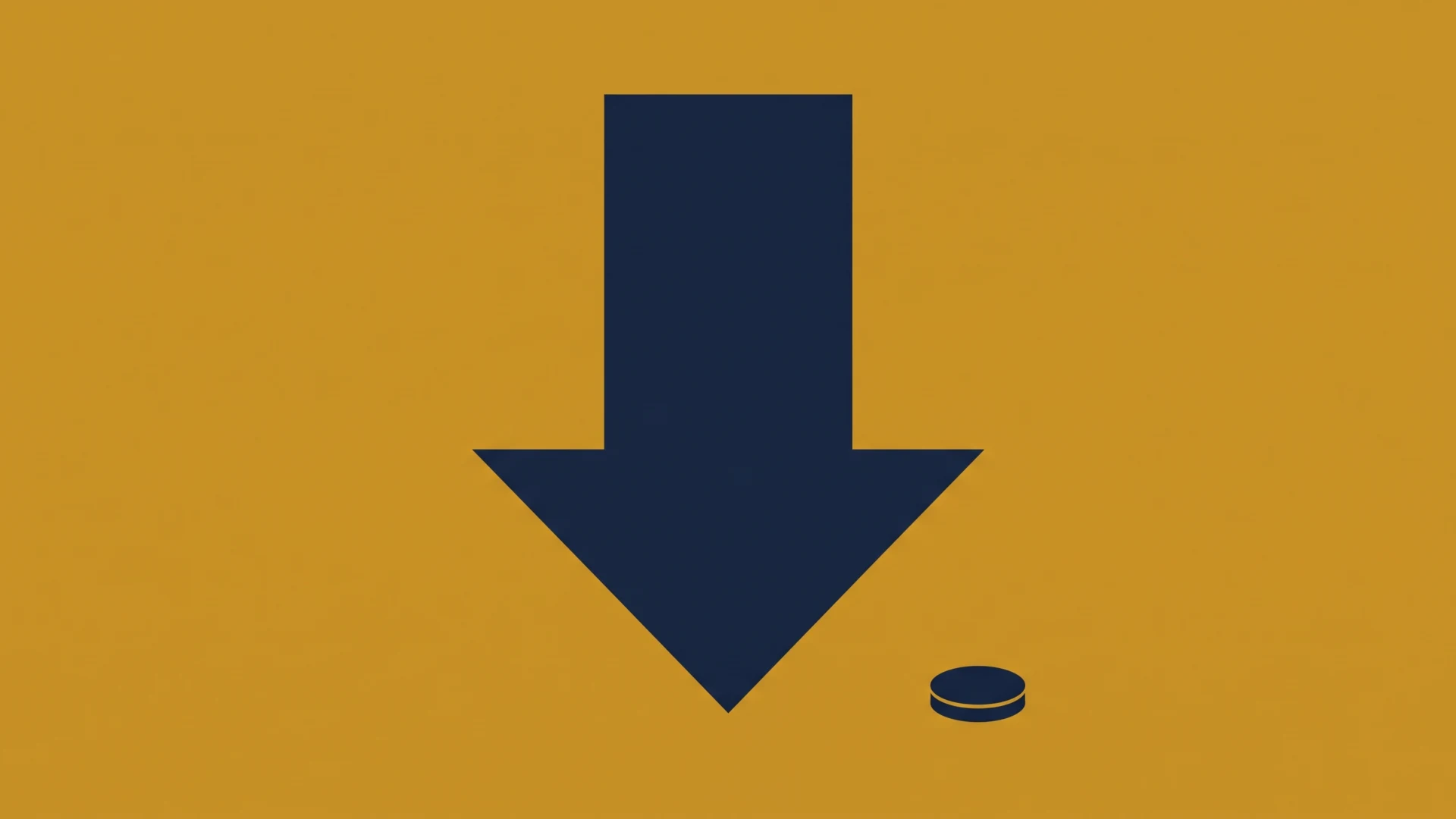 Large dark blue downward arrow centered on an orange background, with a small dark circular coin-like shape to the bottom-right (suggesting a download action).
