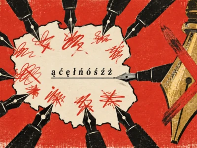 Propaganda-style poster with a torn map at center, red scribbles across it, surrounded by black fountain pen nibs; a pencil and red X mark on the right; the word 'acélbosszú' underlined.