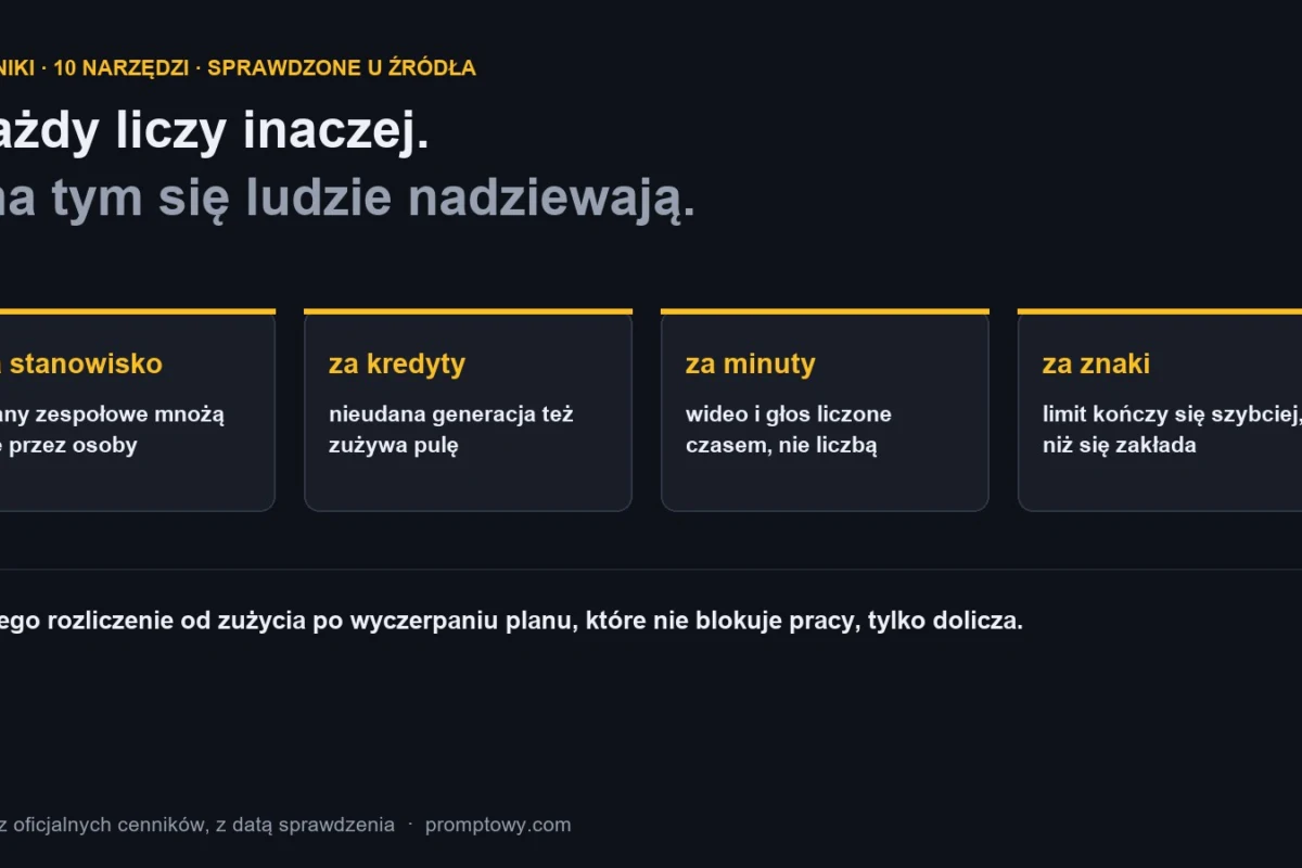 Cenniki narzedzi AI: za stanowisko, za kredyty, za minuty i za znaki