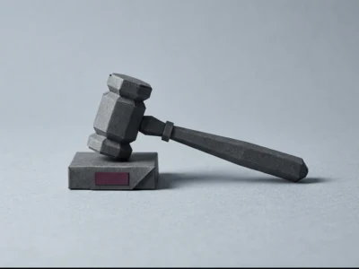 Wooden judge's gavel resting on a sound block against a gray background.