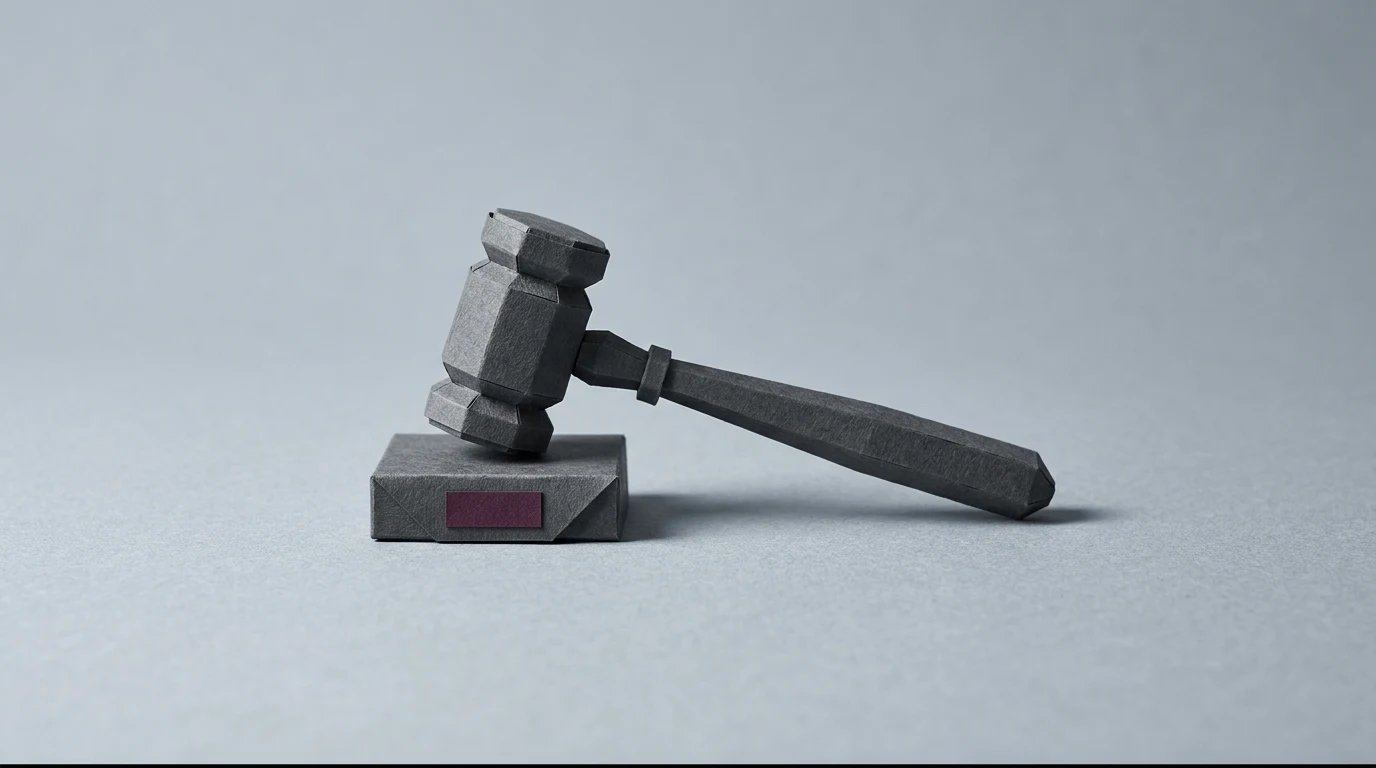 AI Act dla małej firmy i twórcy pięć obowiązków które naprawdę Cię dotyczą - Promptowy Wooden judge's gavel resting on a sound block against a gray background.
