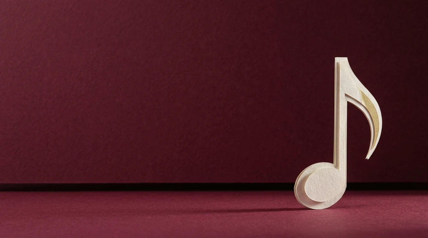 AI do muzyki co naprawdę potrafią generatory jak pisać polecenia i czyj jest efekt - Promptowy Wooden cutout of an eighth note standing on a burgundy surface and backdrop.