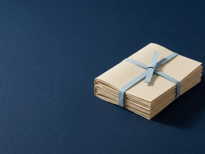 AI do pisania prac gdzie kończy się pomoc a zaczyna plagiat i jakie narzędzia mają sens - Promptowy Stack of small beige note cards tied with a light blue ribbon on a dark blue surface, viewed from the side.