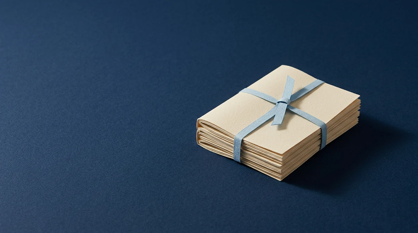 AI do pisania prac gdzie kończy się pomoc a zaczyna plagiat i jakie narzędzia mają sens - Promptowy Stack of small beige note cards tied with a light blue ribbon on a dark blue surface, viewed from the side.