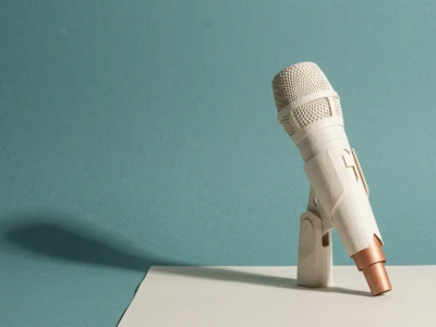 AI lektor darmowe i płatne sposoby na polski głos klonowanie i granice prawa - Promptowy Crafty beige paper microphone model on a stand, placed on a white table with a teal background.