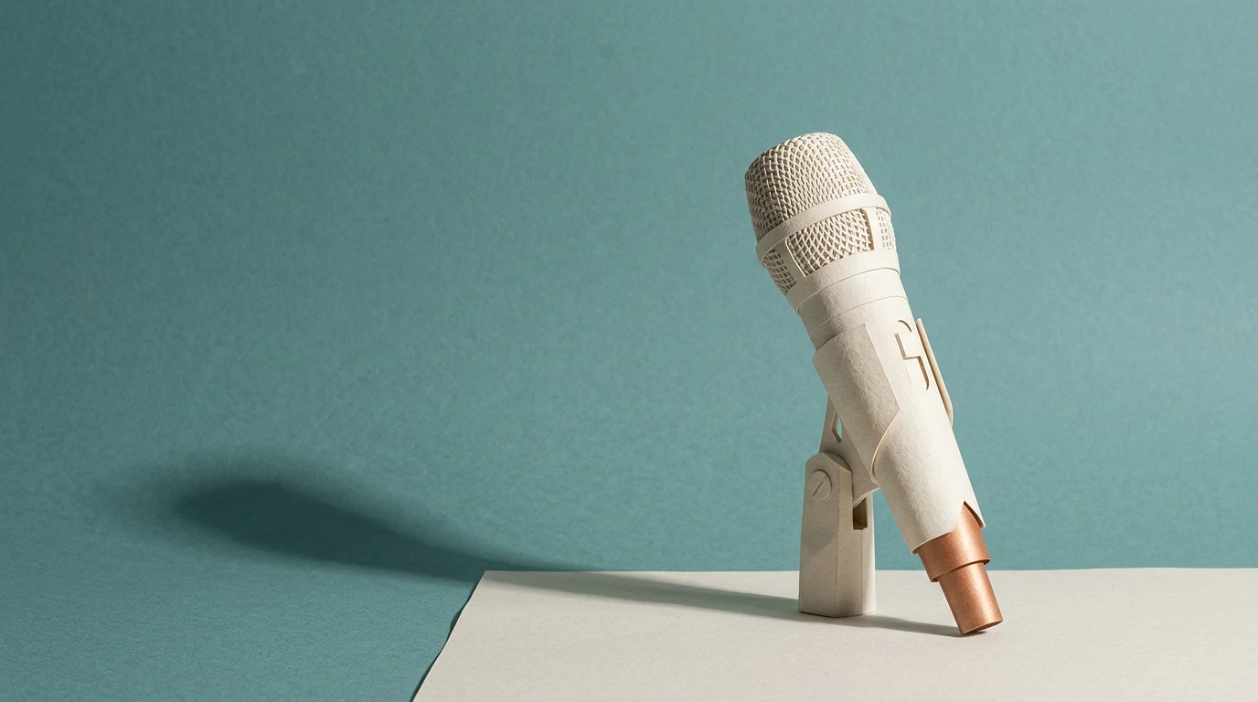 AI lektor darmowe i płatne sposoby na polski głos klonowanie i granice prawa - Promptowy Crafty beige paper microphone model on a stand, placed on a white table with a teal background.
