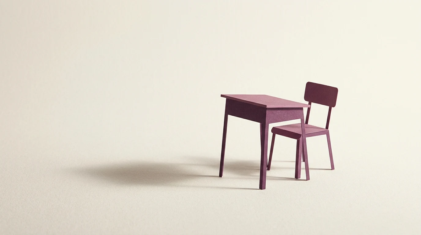 AI w szkole co wolno uczniom i nauczycielom co mówi statut a co prawo 2026 - Promptowy Purple miniature desk with a matching chair on a pale beige background.