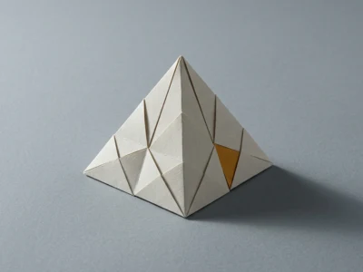 Alexandr Wang człowiek który sprzedał wielkim laboratoriom ludzką pracę - Promptowy White origami pyramid made of interlocking triangular folds on a gray background, with one small yellow triangle on the side.