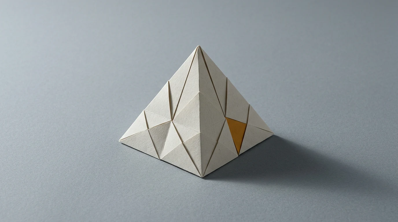 White origami pyramid made of interlocking triangular folds on a gray background, with one small yellow triangle on the side.