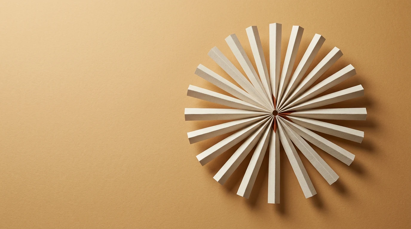 Anthropic firma za modelami Claude jej konstytucja i pieniądze z Google i Amazona - Promptowy White radial paper fan sculpture forming a circular starburst on a warm beige background.