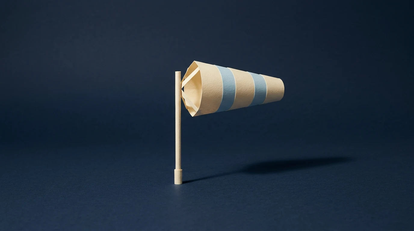 Arthur Mensch kim jest szef Mistral AI europejskiej odpowiedzi na OpenAI - Promptowy Miniature beige and blue striped paper wind sock mounted on a wooden stick against a dark blue background, suggesting wind direction.