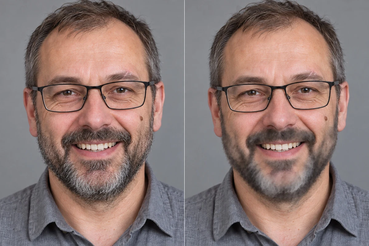 Zestawienie dwóch wersji portretu, po prawej zarost rozmyty i posklejany