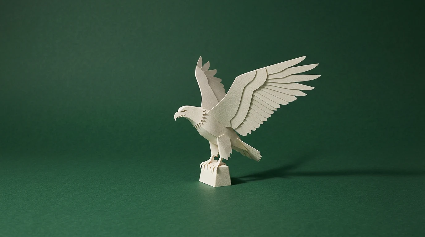 Paper sculpture of an eagle with wings spread, crafted from white cardstock, standing on a small pedestal against a green background.
