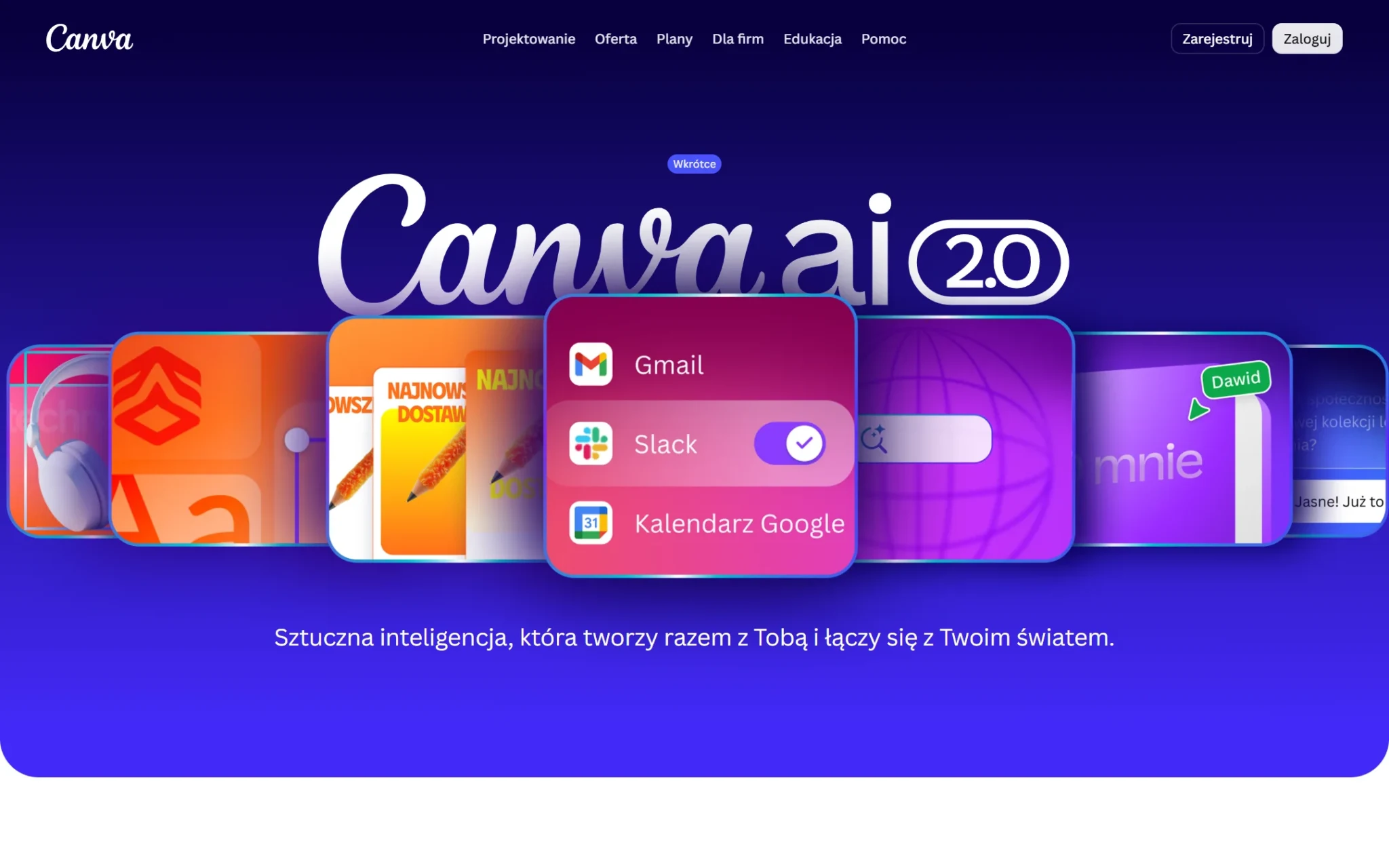 Polska strona Canva AI 2.0 z plakietką Wkrótce i kartami Gmail, Slack, Kalendarz Google