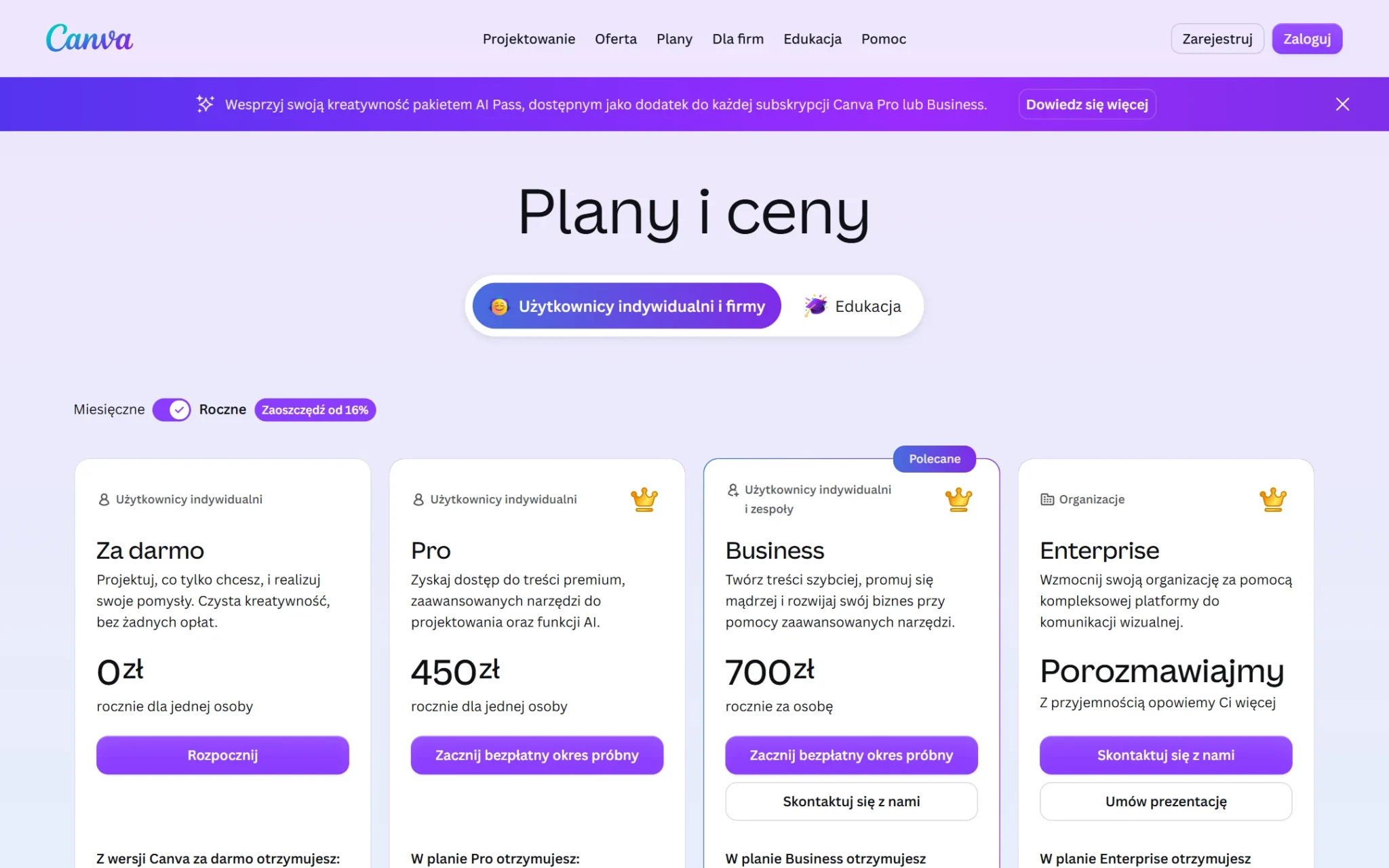 Polski cennik Canvy: Za darmo 0 zł, Pro 450 zł rocznie, Business 700 zł rocznie za osobę